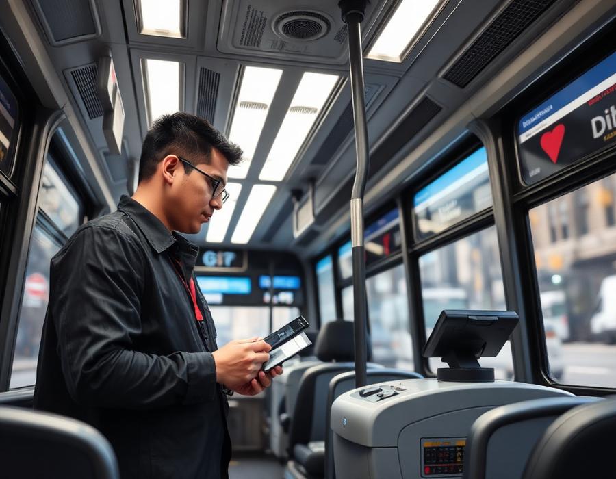 Técnico verificando validador embarcado em ônibus
